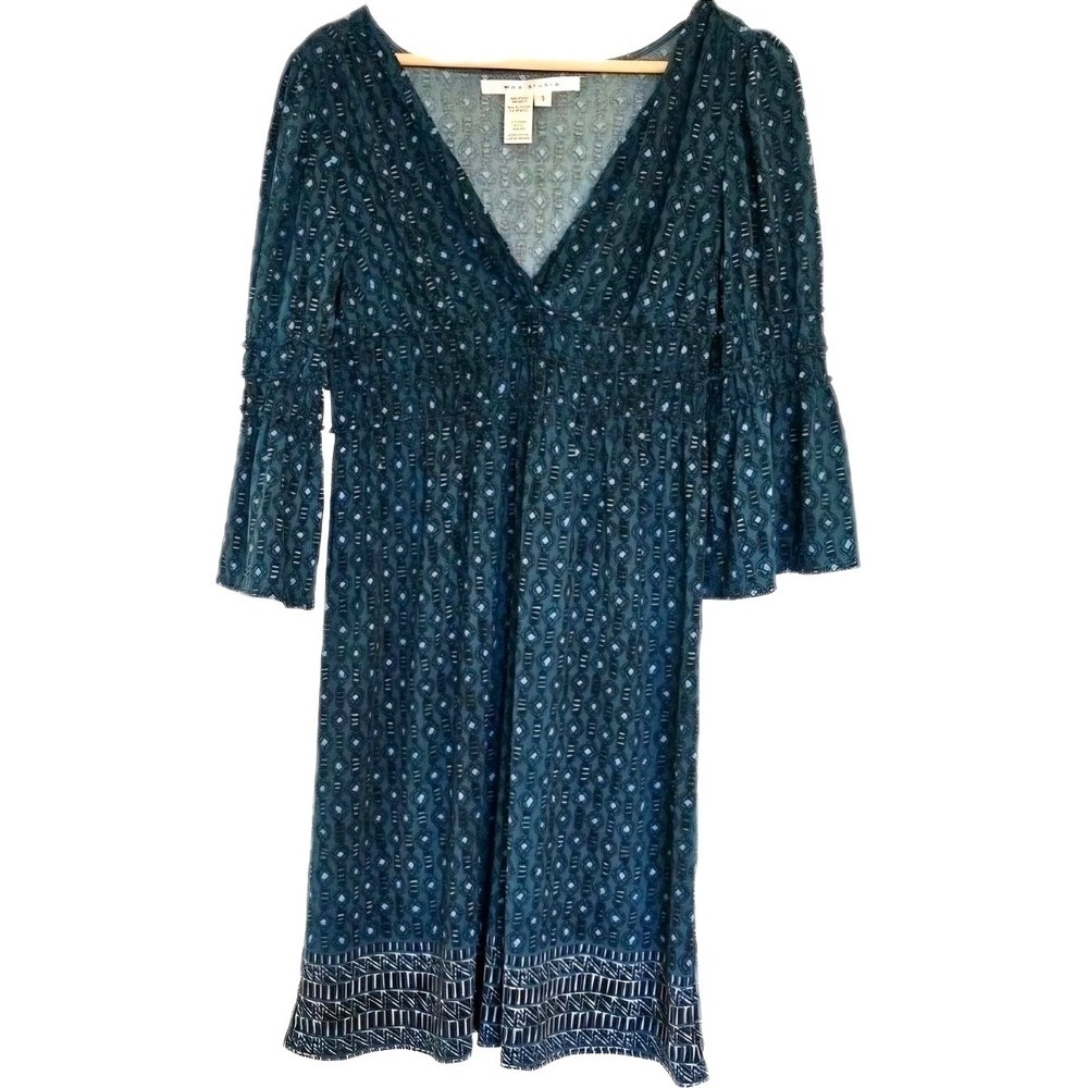 Max Studios Peasant Dress Size Small Blue Empire waist bell sleeve‎